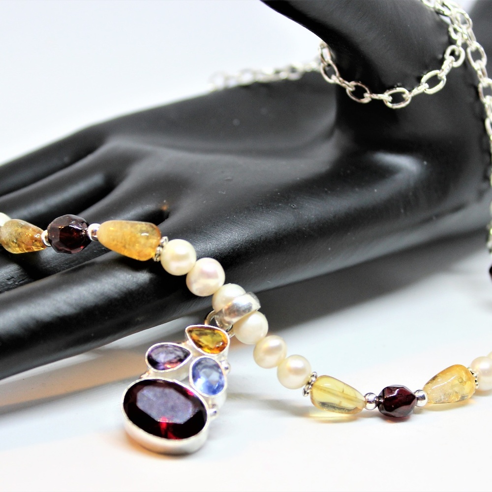 Multi gem and pearl pendant necklace